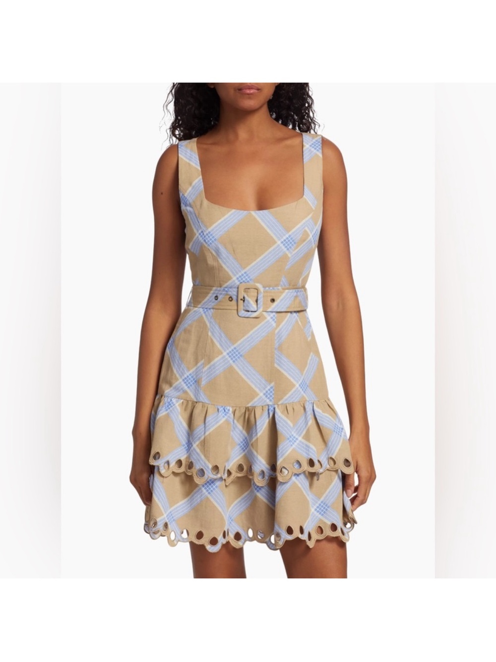 En Saison Beige and Light Blue Plaid Tiered Mini Dress